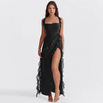 Load image into Gallery viewer, Halo Ruffle Split Maxi Dress | Square Neckline, Sleeveless, Draped Hem