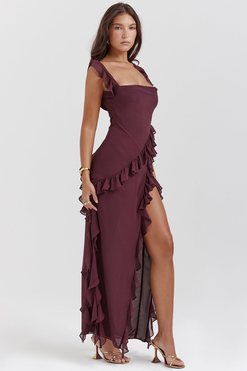Halo Ruffle Split Maxi Dress | Square Neckline, Sleeveless, Draped Hem