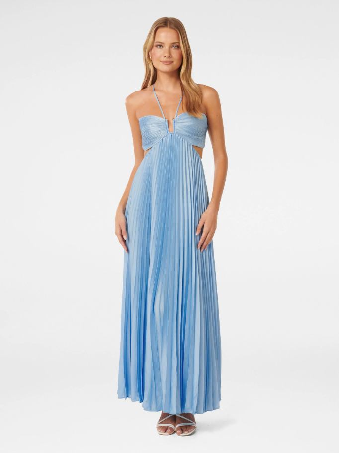 Solenne Soraya Pleated Maxi Dress | Halterneck Bustier | Flowing Skirt