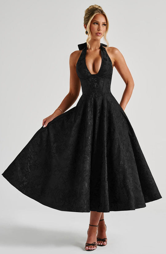 Halter Neck Satin Midi Dress | A-Line Silhouette
