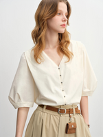 Load image into Gallery viewer, V-Neck Puff Sleeve Blouse | Relaxed Fit | Button Detailing