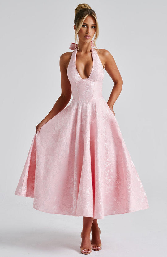 Halter Neck Satin Midi Dress | A-Line Silhouette