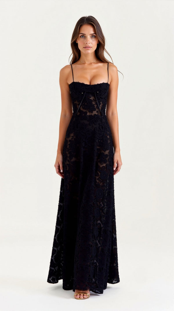Nocten Naya Lace Maxi Dress | Sheer Overlay | Spaghetti Straps
