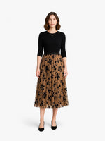 Load image into Gallery viewer, Pleated Midi Skirt | Sheer Floral Mesh Overlay | A-line Silhouette