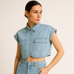 Load image into Gallery viewer, Cropped Denim Shirt | Sleeveless | Boxy Fit