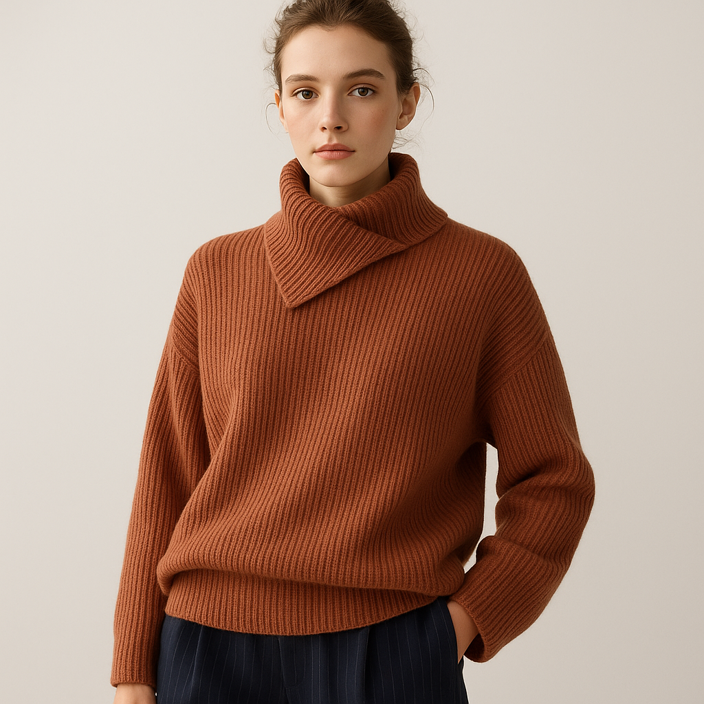 Wool Ribbed Turtleneck Sweater | Cross Collar | Relaxed Fit