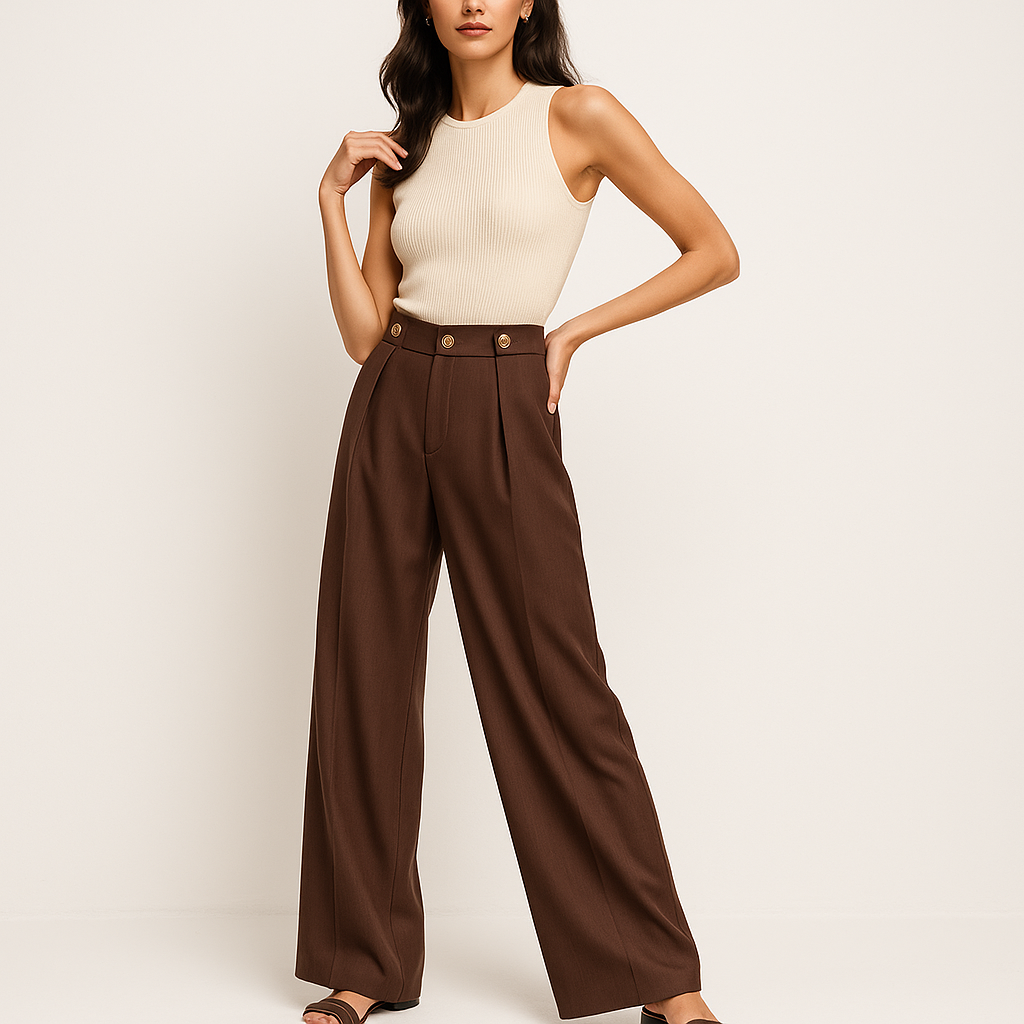 High-Waist Wide-Leg Trousers | Gold Button Detail | Modern Tailored Silhouette