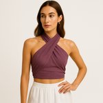 Load image into Gallery viewer, Linen Cross Halter Top | Draped Front | Cropped Fit