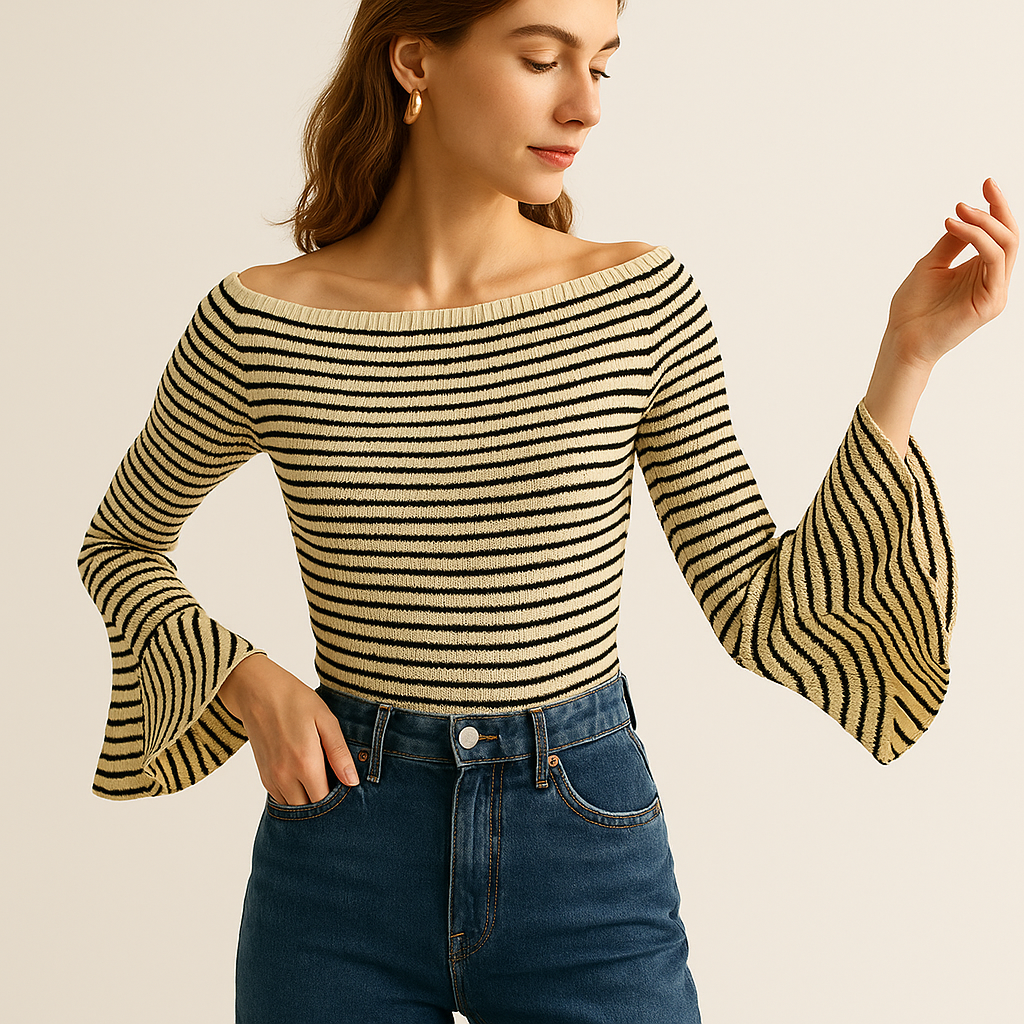 Striped Rib-Knit Top | Off-Shoulder | Flared Sleeves