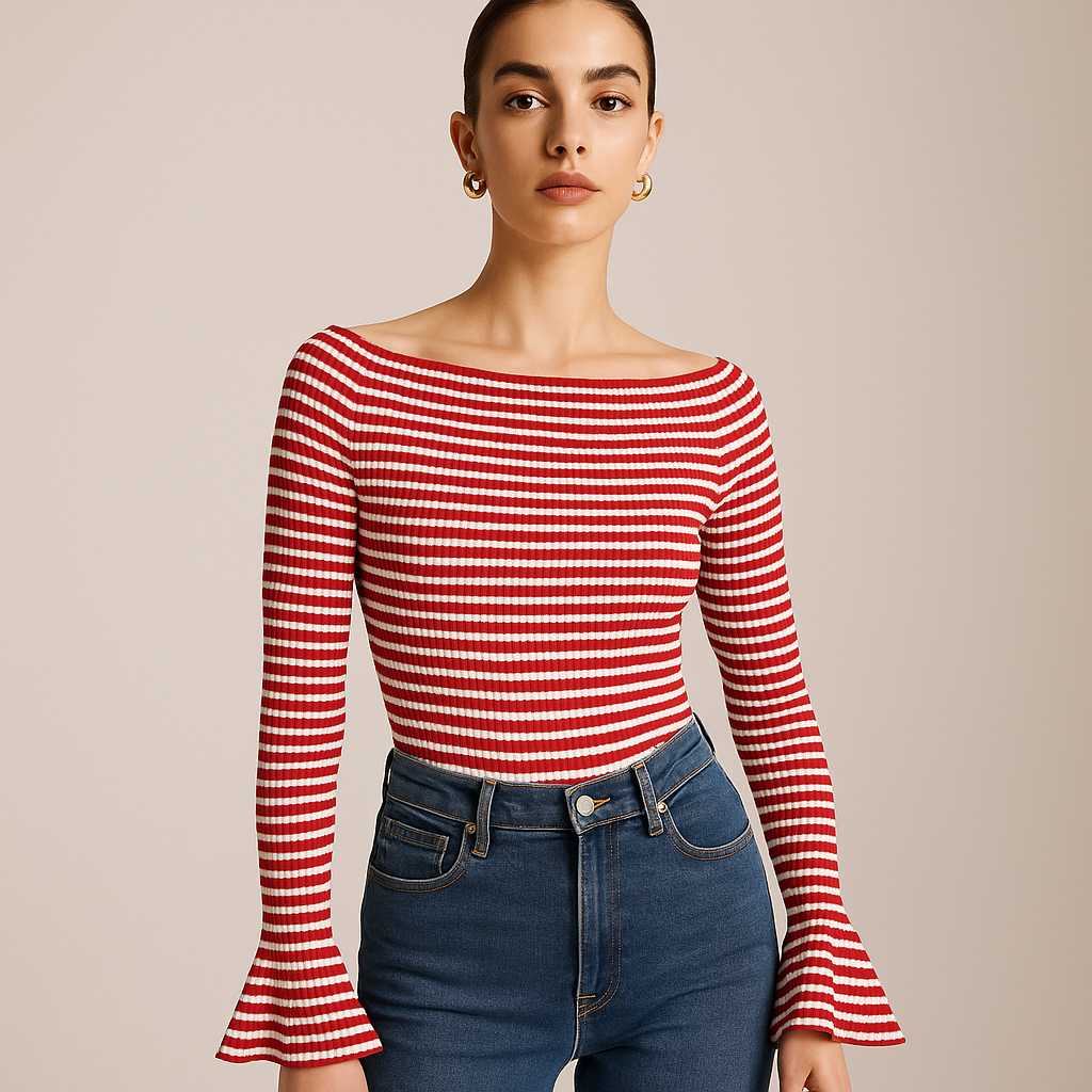 Striped Rib-Knit Top | Off-Shoulder | Flared Sleeves