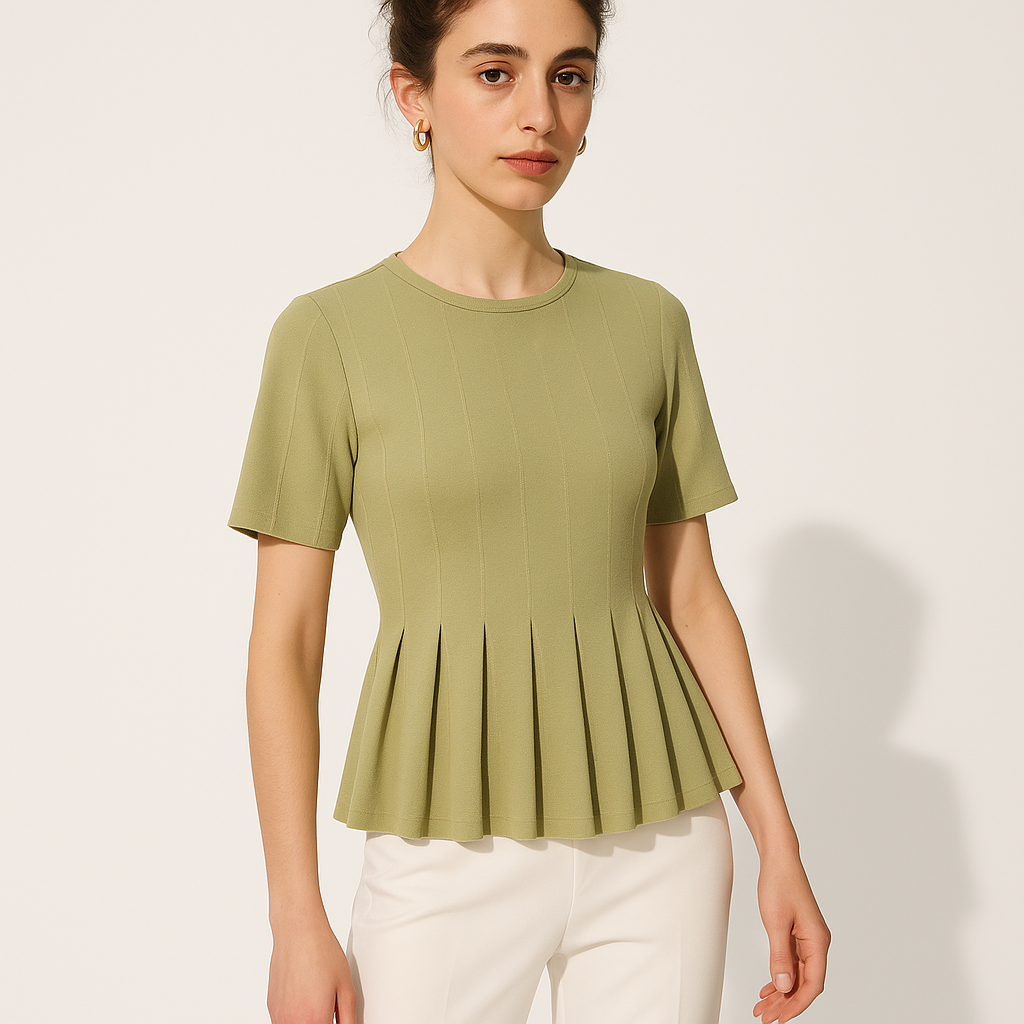 Pleated Hem Knit Top | Fitted Waist | Short Sleeve