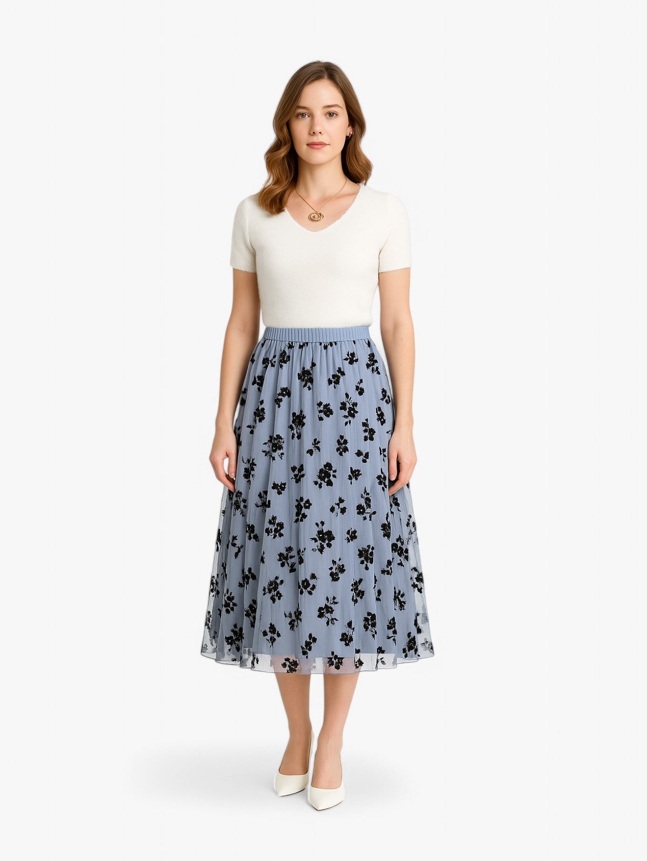 Pleated Midi Skirt | Sheer Floral Mesh Overlay | A-line Silhouette