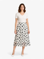 Load image into Gallery viewer, Pleated Midi Skirt | Sheer Floral Mesh Overlay | A-line Silhouette