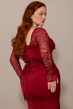 Load image into Gallery viewer, Nocten Satin Lace Maxi Dress | Corset Bodice, Sheer Sleeves, Back Split