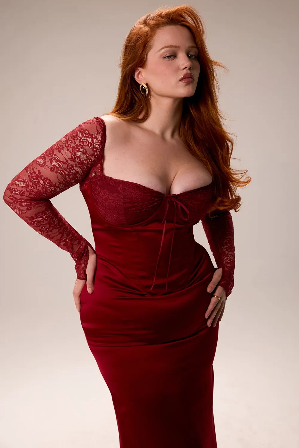 Nocten Satin Lace Maxi Dress | Corset Bodice, Sheer Sleeves, Back Split