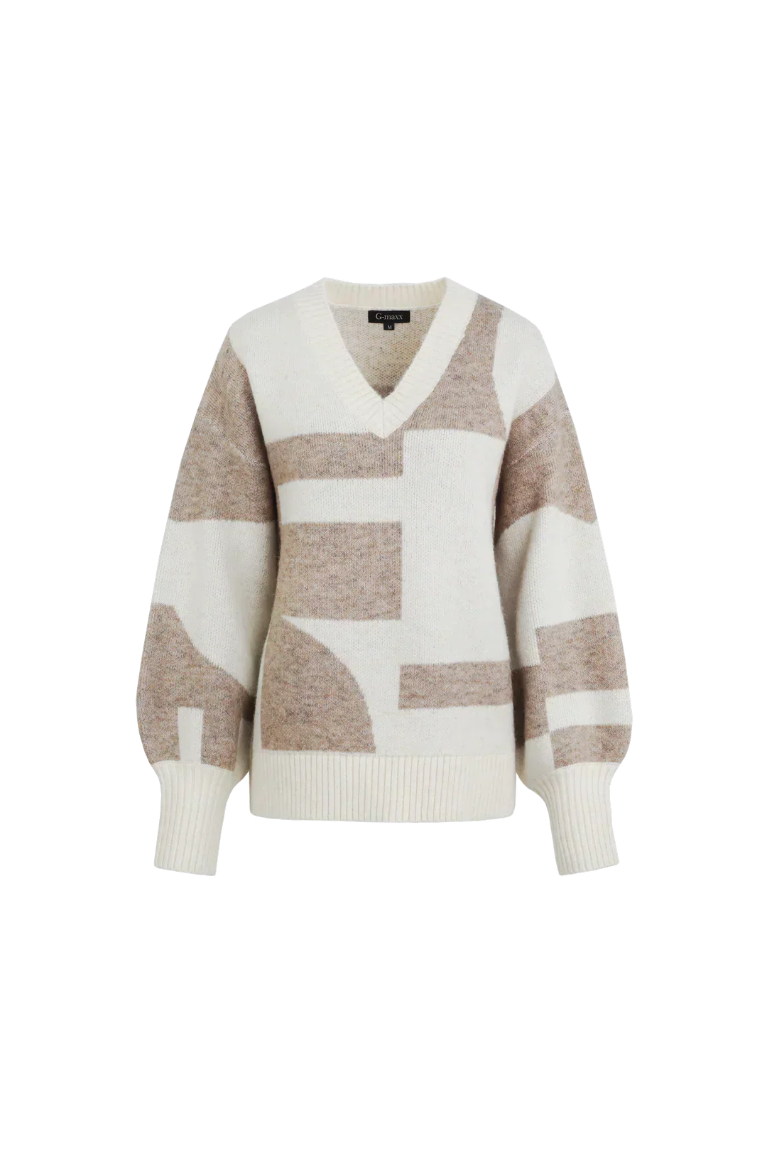 Core Line Geometric Knit Sweater | V-Neck | Balloon Sleeve