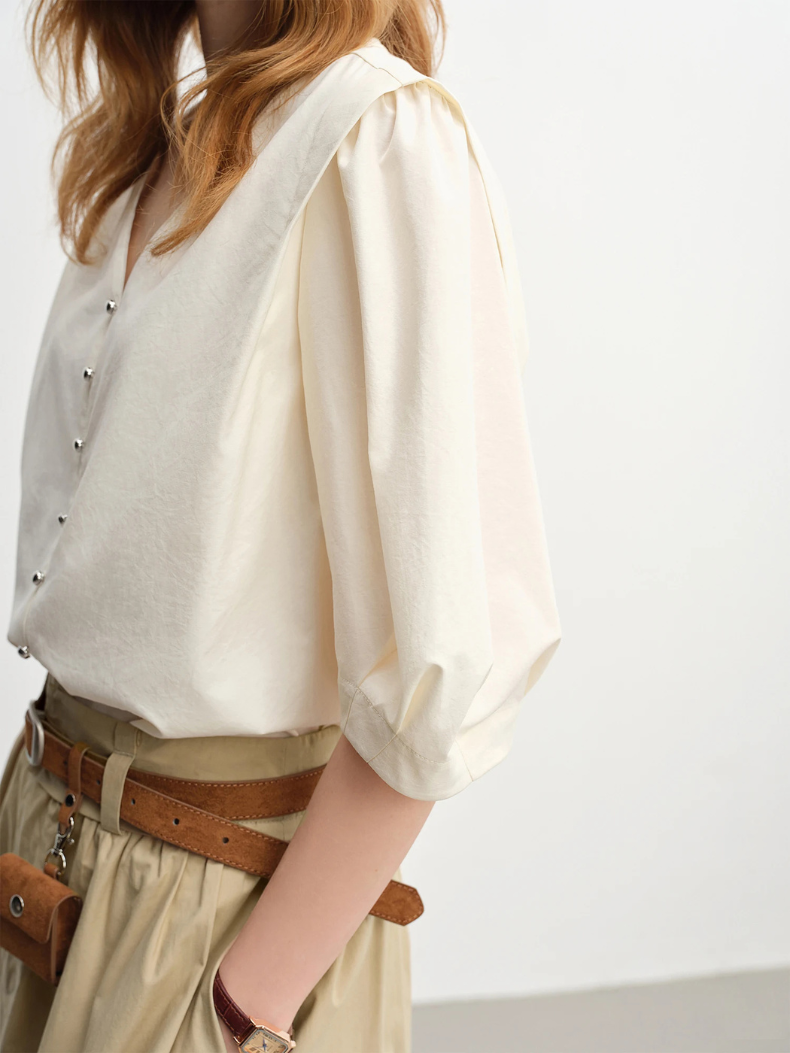 V-Neck Puff Sleeve Blouse | Relaxed Fit | Button Detailing