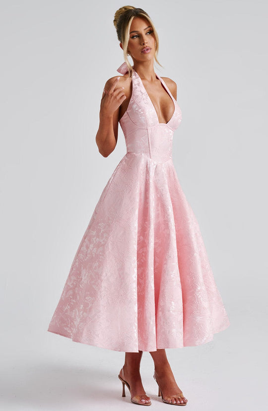 Halter Neck Satin Midi Dress | A-Line Silhouette