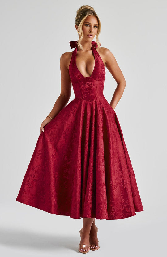 Halter Neck Satin Midi Dress | A-Line Silhouette