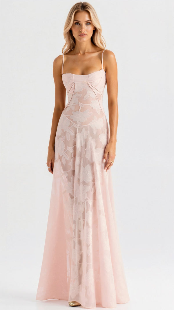 Nocten Naya Lace Maxi Dress | Sheer Overlay | Spaghetti Straps
