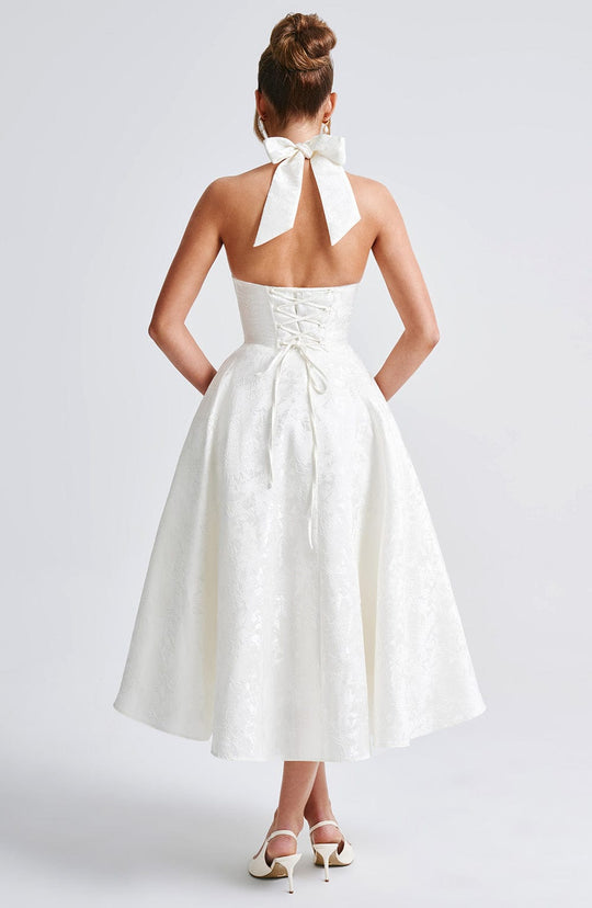 Halter Neck Satin Midi Dress | A-Line Silhouette