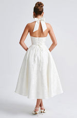 Load image into Gallery viewer, Halter Neck Satin Midi Dress | A-Line Silhouette