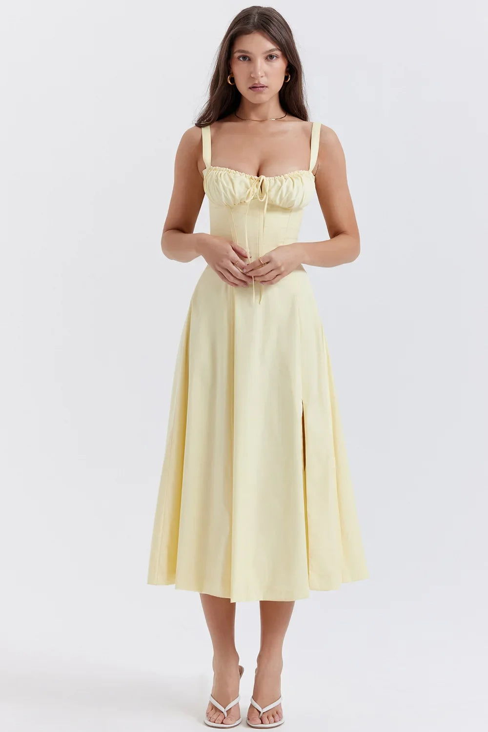 Solenne Floral Corset Midi Dress | Sweetheart Neckline, Slit Skirt, Spaghetti Straps