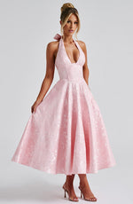 Load image into Gallery viewer, Halter Neck Satin Midi Dress | A-Line Silhouette
