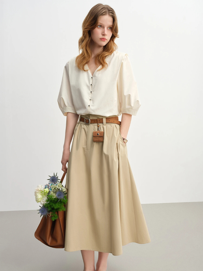 V-Neck Puff Sleeve Blouse | Relaxed Fit | Button Detailing