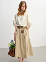 Load image into Gallery viewer, V-Neck Puff Sleeve Blouse | Relaxed Fit | Button Detailing