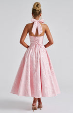 Load image into Gallery viewer, Halter Neck Satin Midi Dress | A-Line Silhouette
