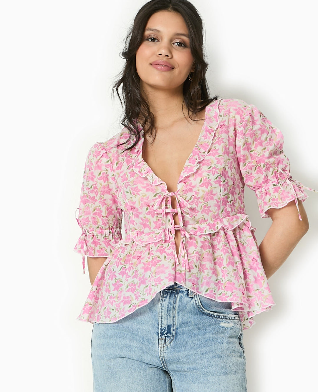 Solenne Floral Blouse | Ruffled V-Neck | Puff Sleeves