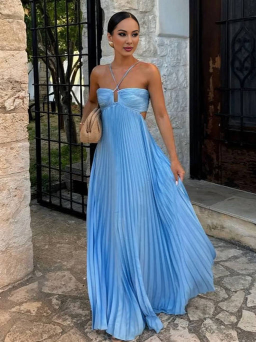 Solenne Soraya Pleated Maxi Dress | Halterneck Bustier | Flowing Skirt