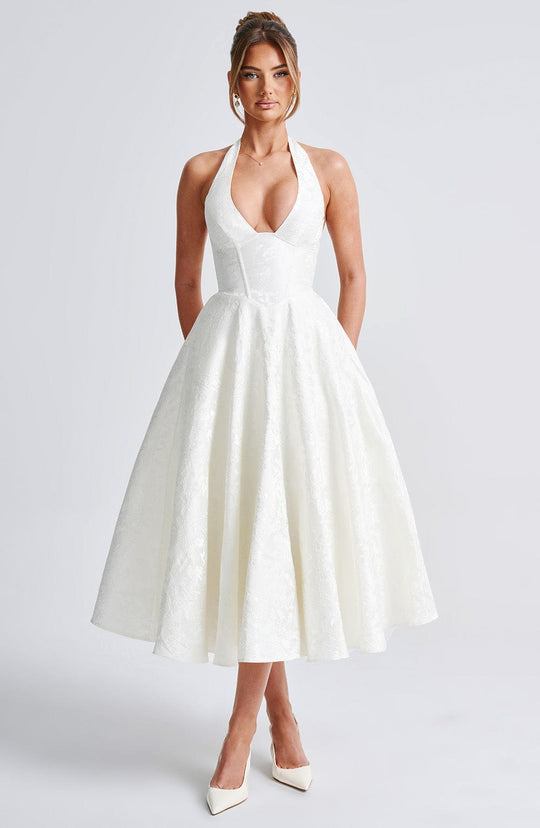 Halter Neck Satin Midi Dress | A-Line Silhouette - Isavara