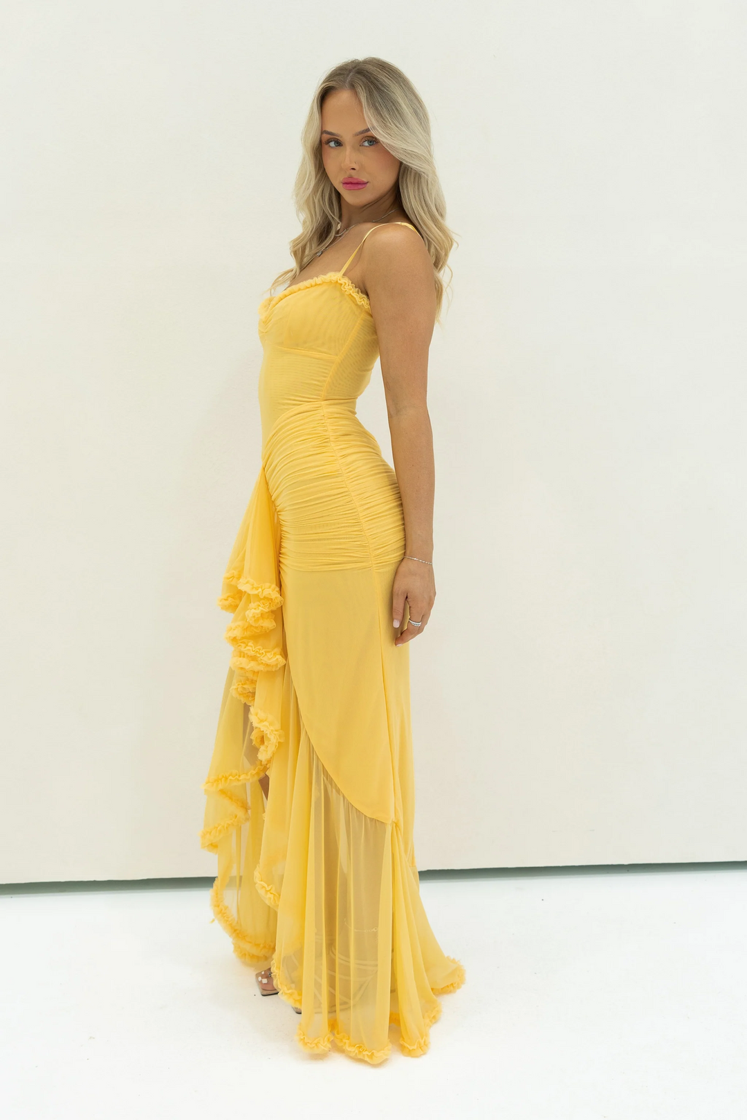 Halo Ruffle Satin Maxi Dress | Spaghetti Straps, Waterfall Front, Train Hem