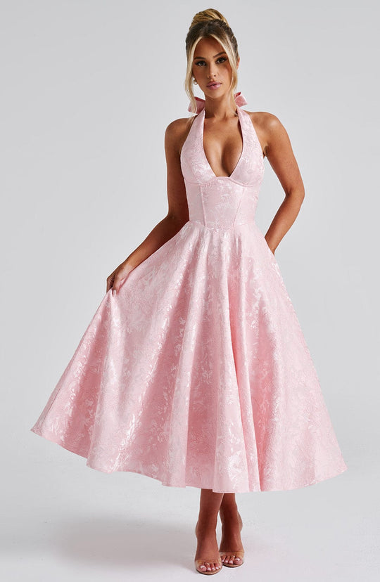 Halter Neck Satin Midi Dress | A-Line Silhouette