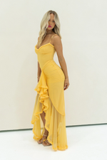 Load image into Gallery viewer, Halo Ruffle Satin Maxi Dress | Spaghetti Straps, Waterfall Front, Train Hem