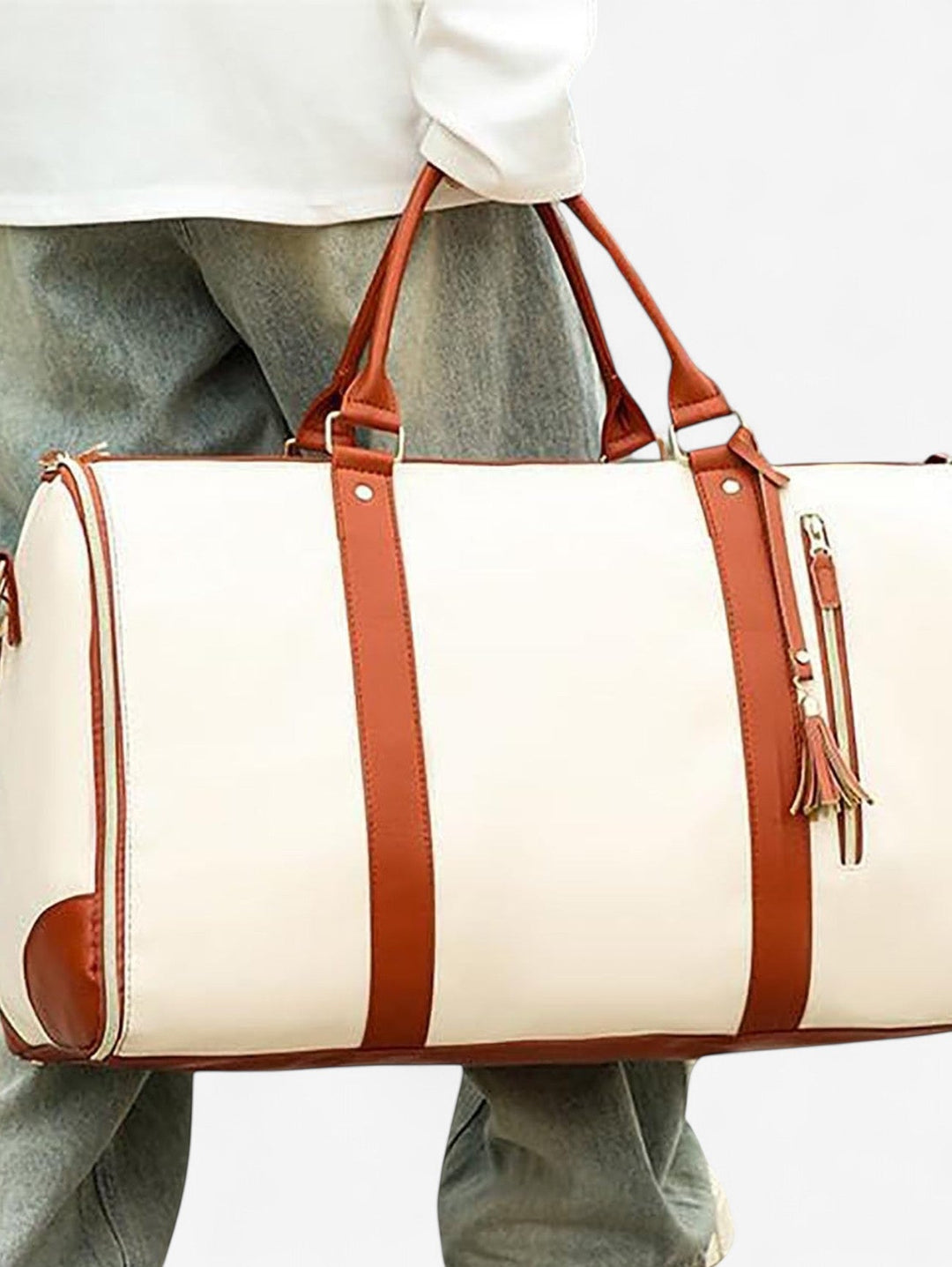 Haven Weekender Duffel Bag | Cream and Tan Travel Holdall