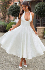 Load image into Gallery viewer, Halter Neck Satin Midi Dress | A-Line Silhouette