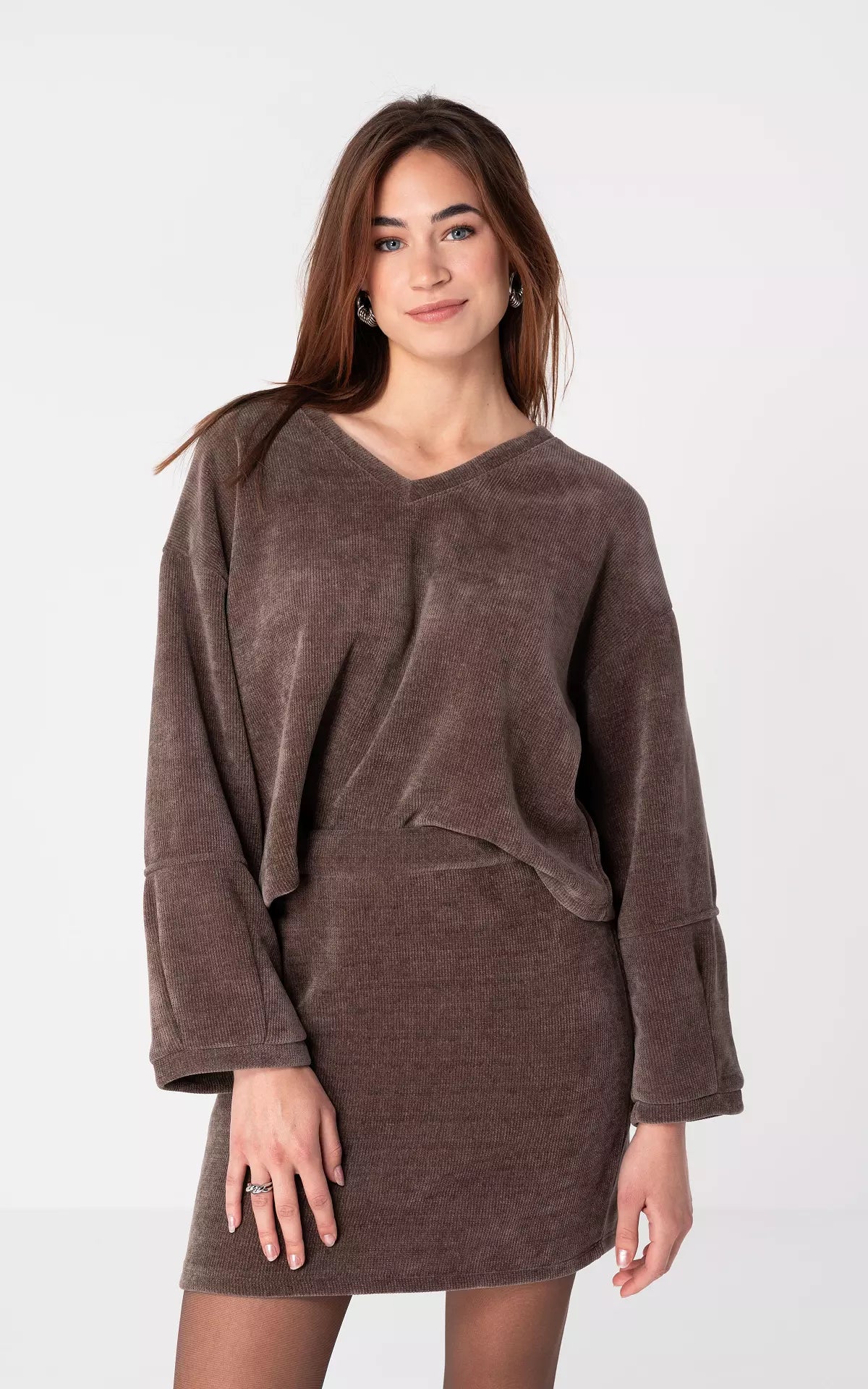 Nocten Knit Mini Dress Set | V-Neck Sweater & Skirt | Soft Blended Yarn