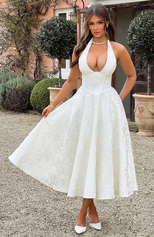 Halter Neck Satin Midi Dress | A-Line Silhouette