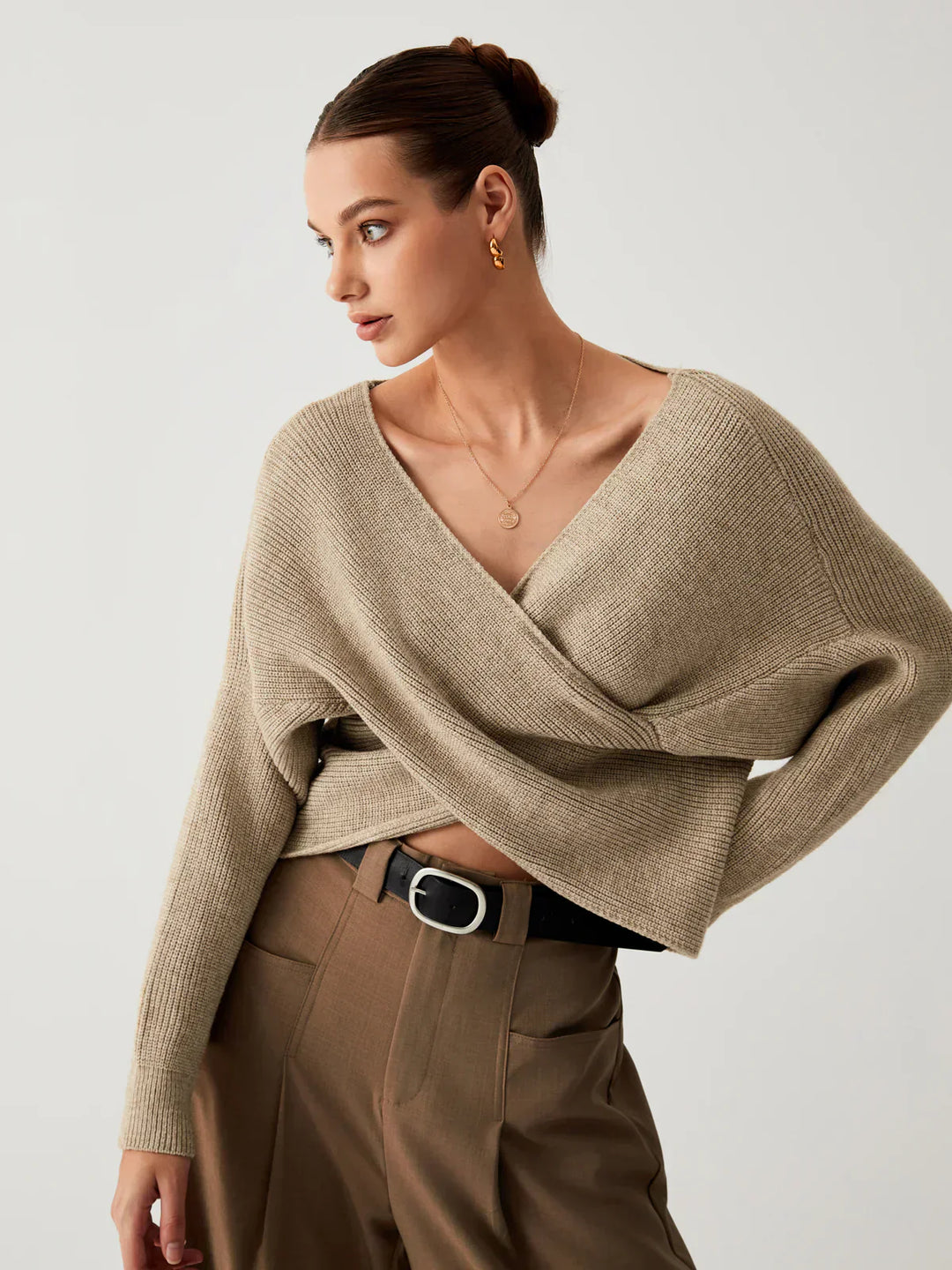 Cross-Over V-Neck Sweater | Draped Front | Slim Fit