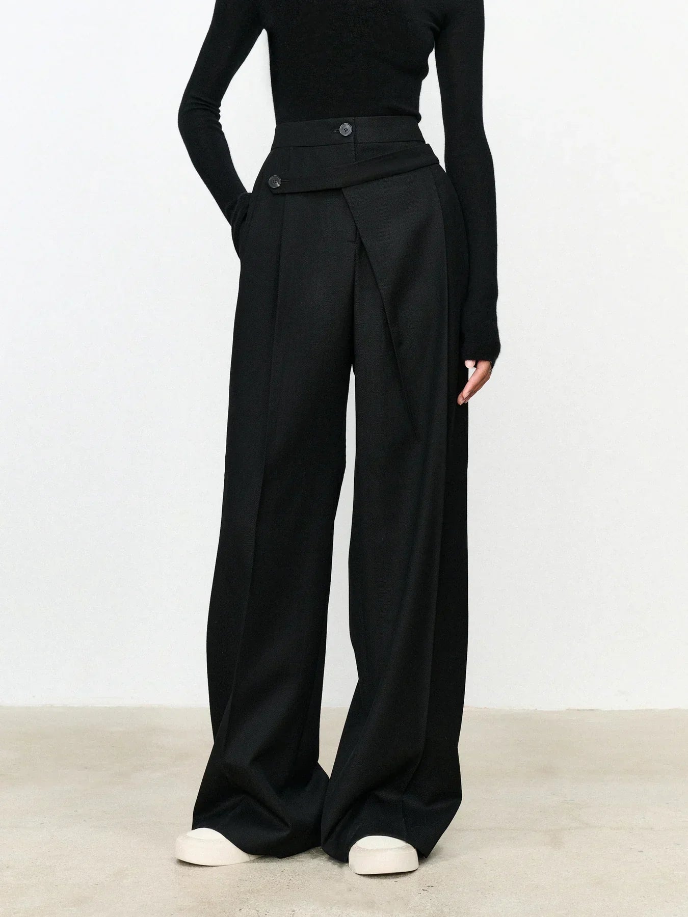 Asymmetric Layer Straight Leg Dress Trousers | Modern Button Detail