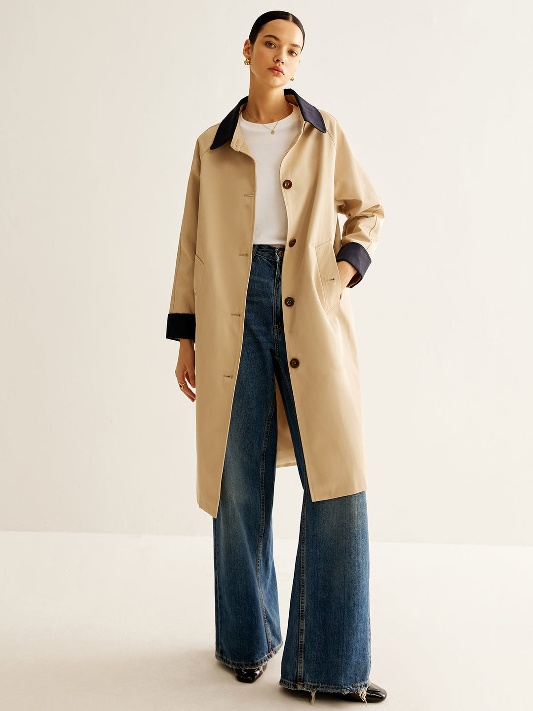 Single Breasted Trench Coat | Contrast Collar | Mid-Length
