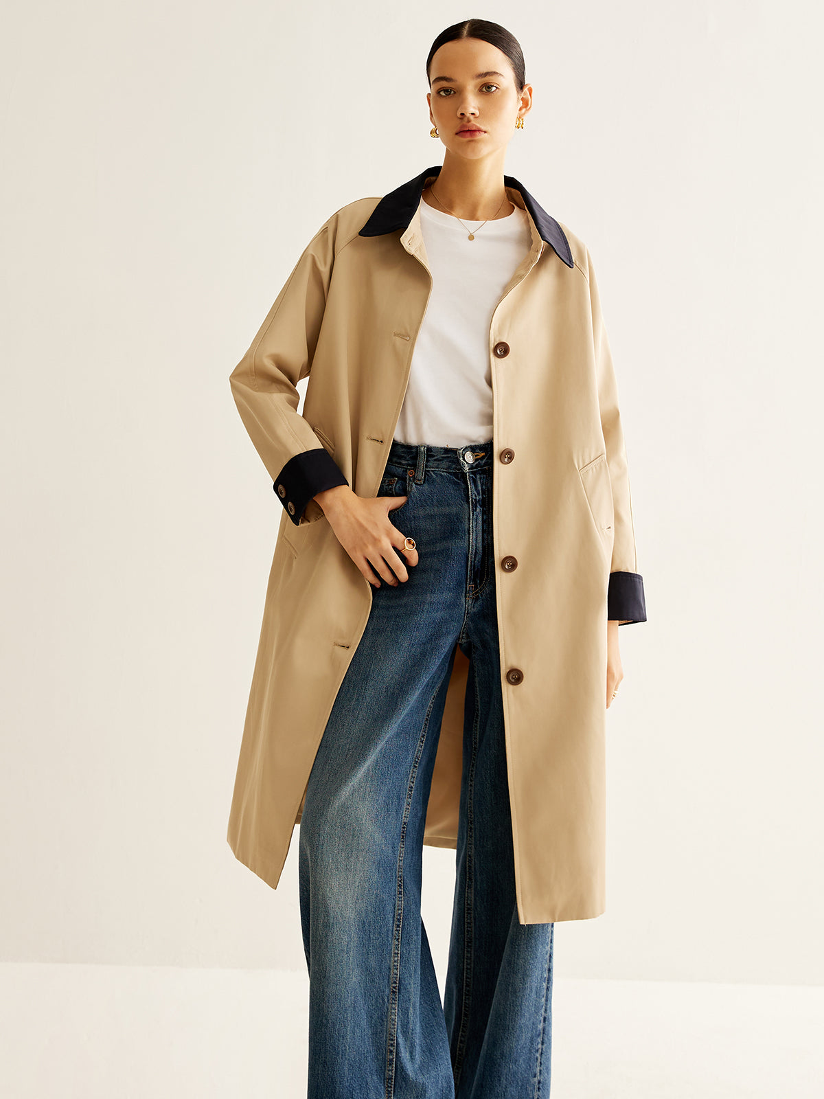 Single Breasted Trench Coat | Contrast Collar | Mid-Length