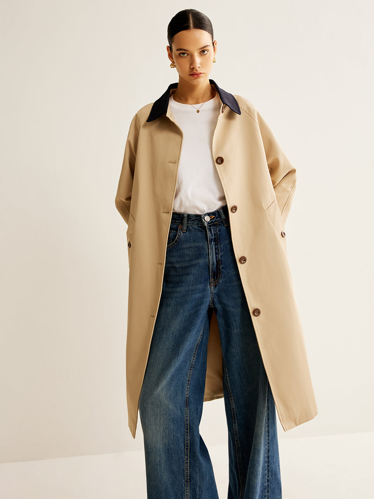 Single Breasted Trench Coat | Contrast Collar | Mid-Length