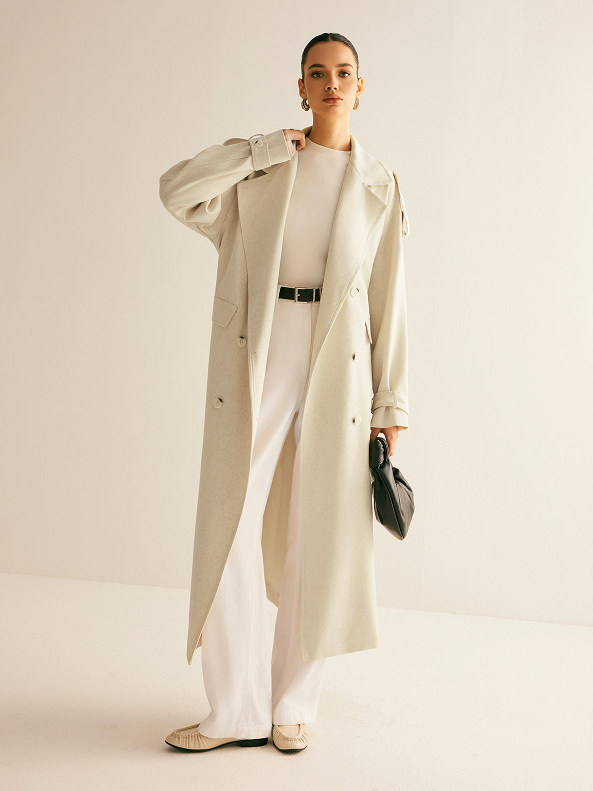 Wool Blend Long Coat | Double Breasted | Belted Silhouette