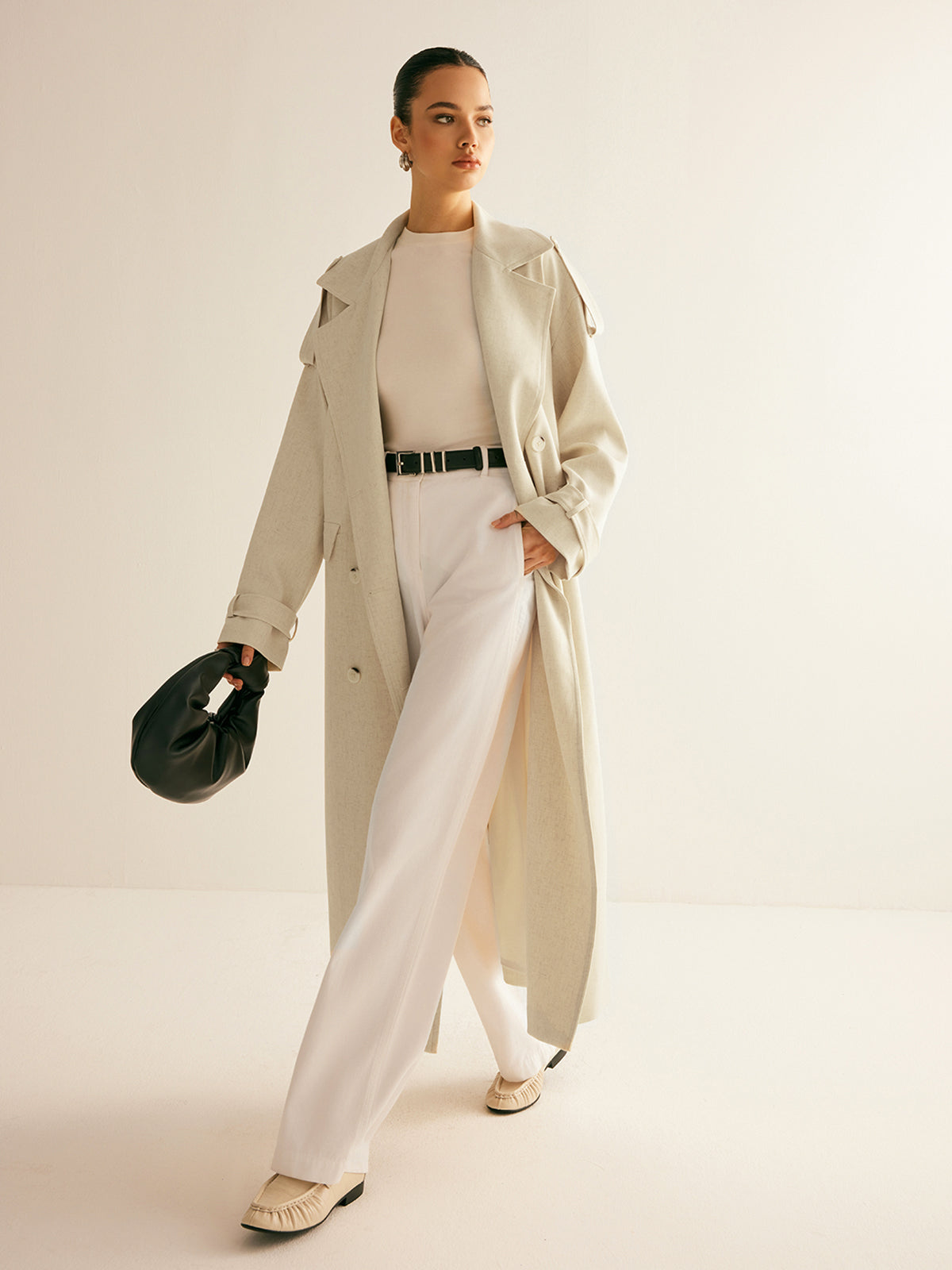 Wool Blend Long Coat | Double Breasted | Belted Silhouette