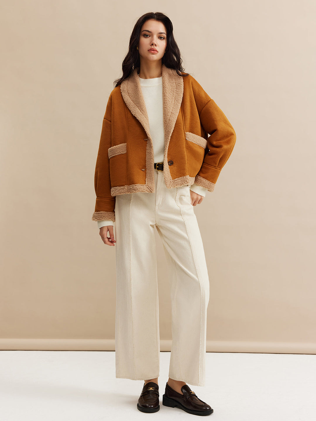 Core Line Camel Contrast Jacket | Fold Collar | Soft Textured Finish