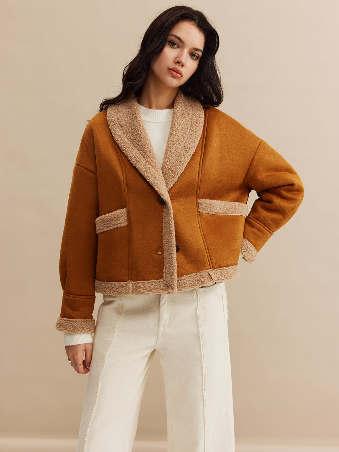 Core Line Camel Contrast Jacket | Fold Collar | Soft Textured Finish
